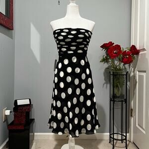 NEW Ann Taylor Silk Ruched A-line Fit Flare Strapless Polka Dot Midi Dress 2 NWT
